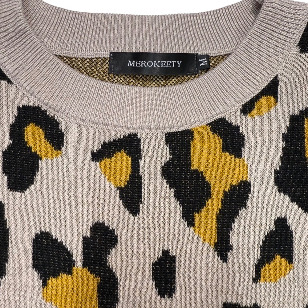Leopard Print Crew Neck Long Sleeve Sweater Top Beige Yellow Black Size Medium - Picture 5 of 10